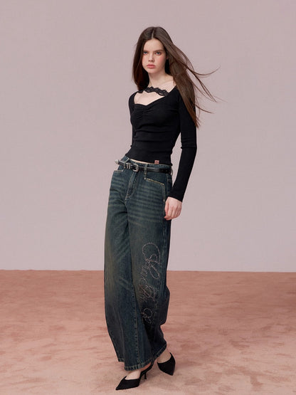 Embellished Rhinestone Vintage Wide-Leg Jeans