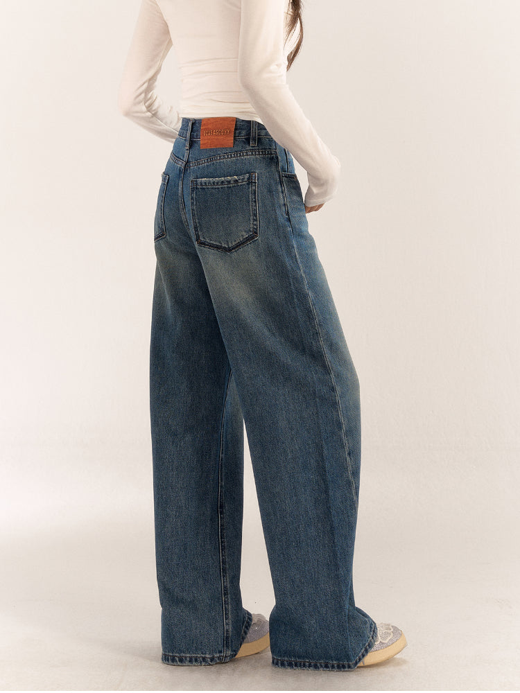 Washed High-Waist Slim Wide-Leg Jeans