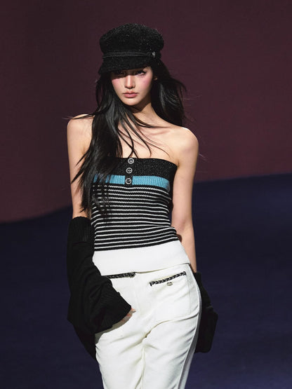 Colorblock Bustier Top &amp; Relaxed Wool-Blend Knit Cardigan Set