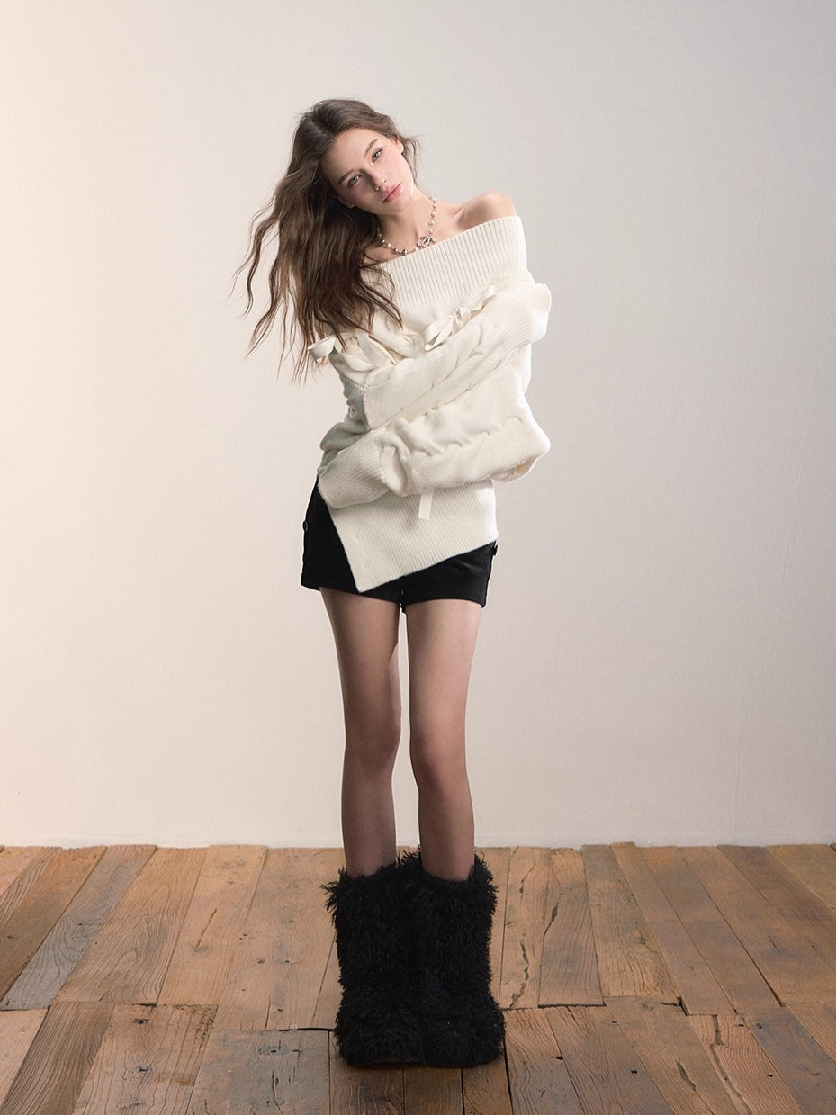 Asymmetric Off-Shoulder Cable Knit Sweater