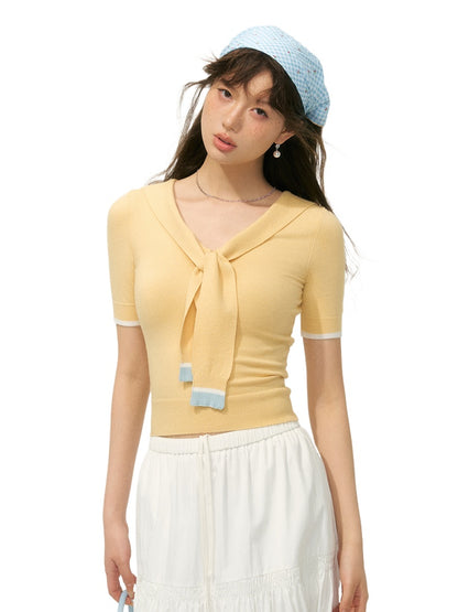 Preppy Style Collared Tie Knit Top