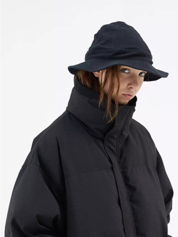 Textured Stripe-Panel Oversized Winter Puffer Jacket