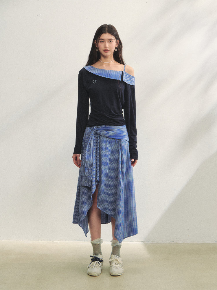 Plaid Spliced One-Shoulder Contrast Long-Sleeve Top &amp; Skirt Set