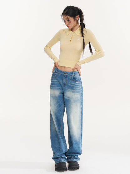 Water-Washed Low-Waist Loose Straight-Leg Pants