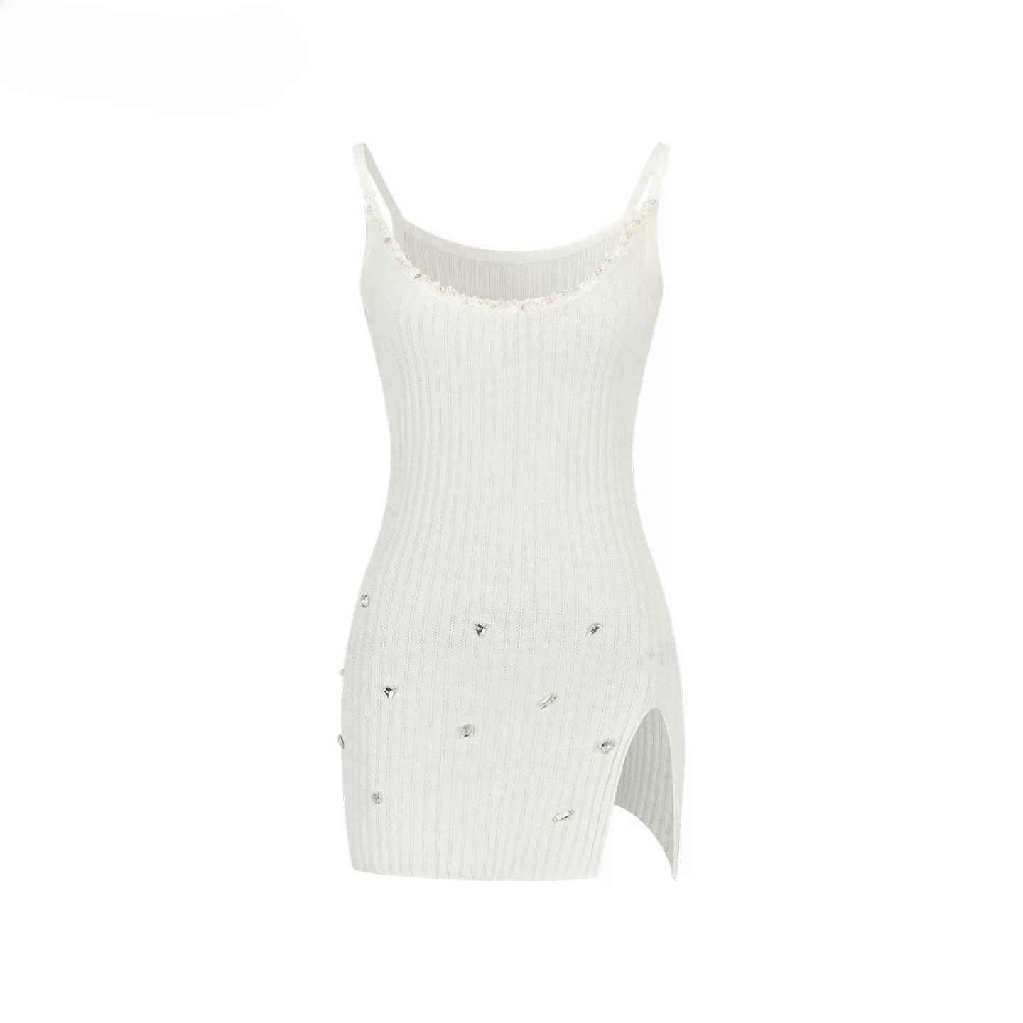 Crystal-Embellished Ribbed Knit Side-Slit Camisole Dress