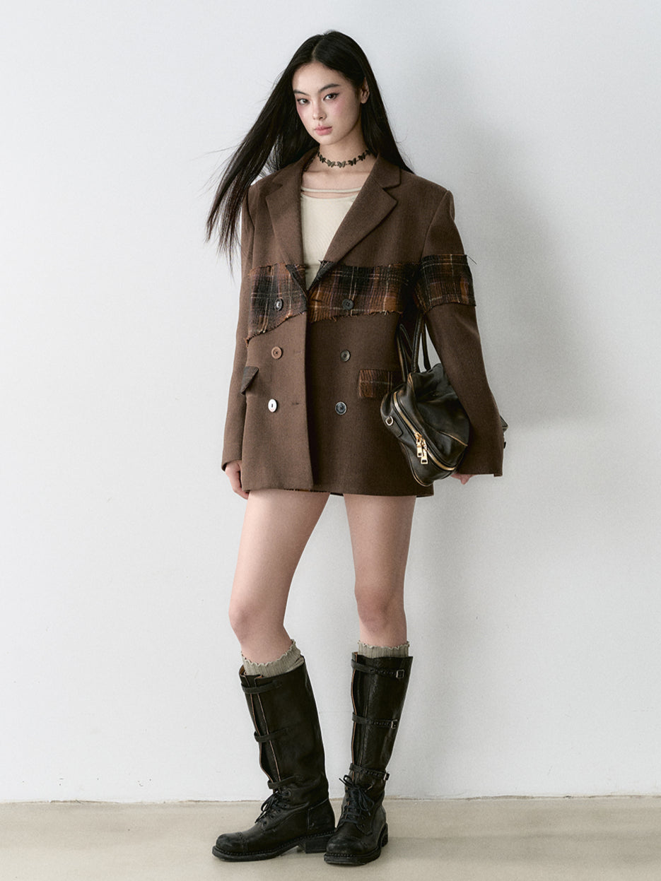 Wool Plaid Patchwork Mid-Length Coat