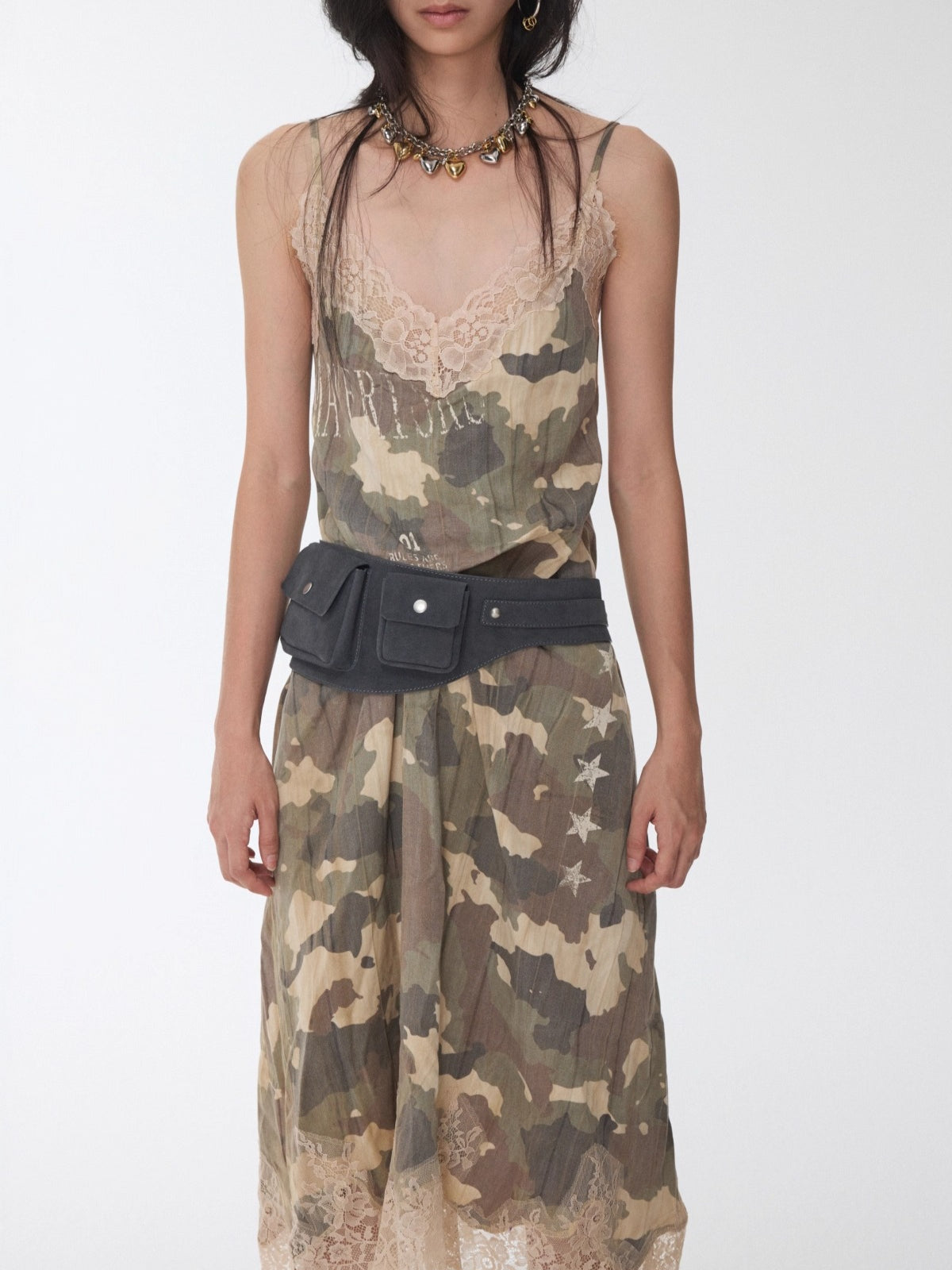 Camouflage Lace-Trim Printed Slip Dress