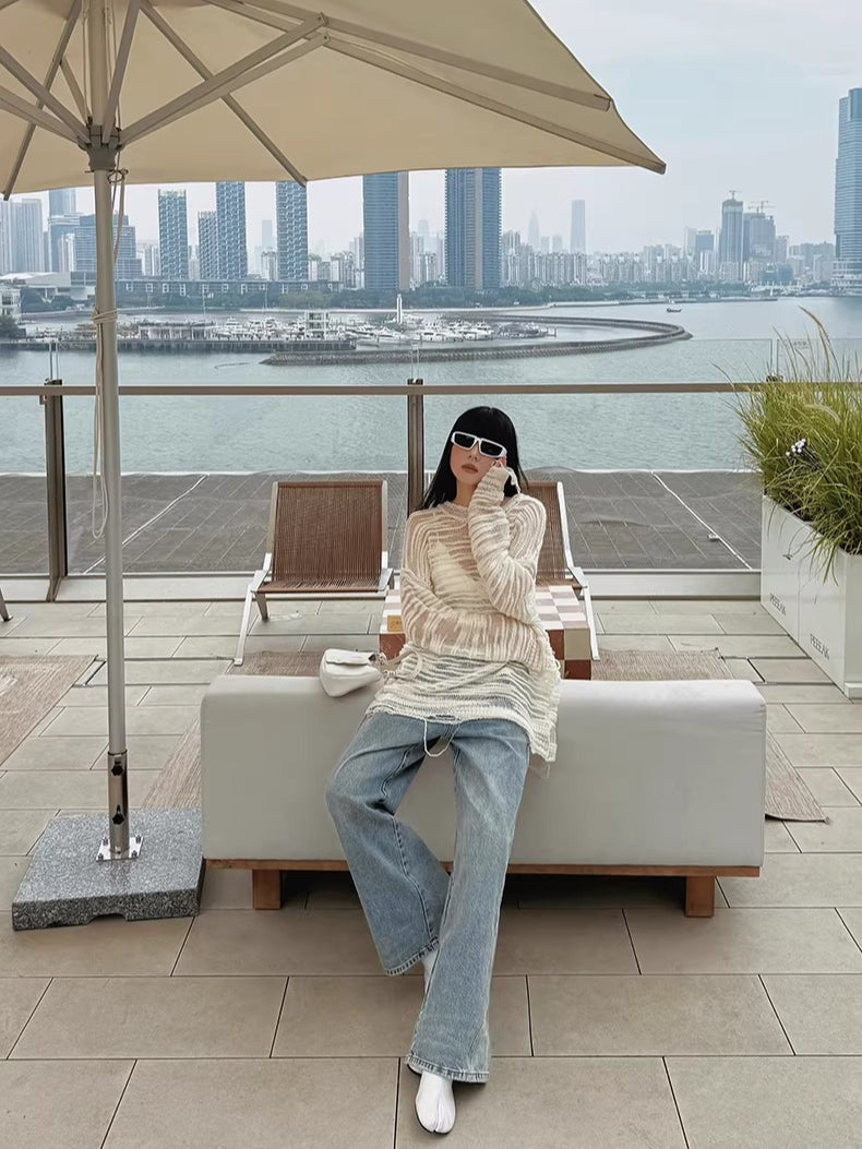 Asymmetric Tie-Detail Loop-Tab Denim Jeans