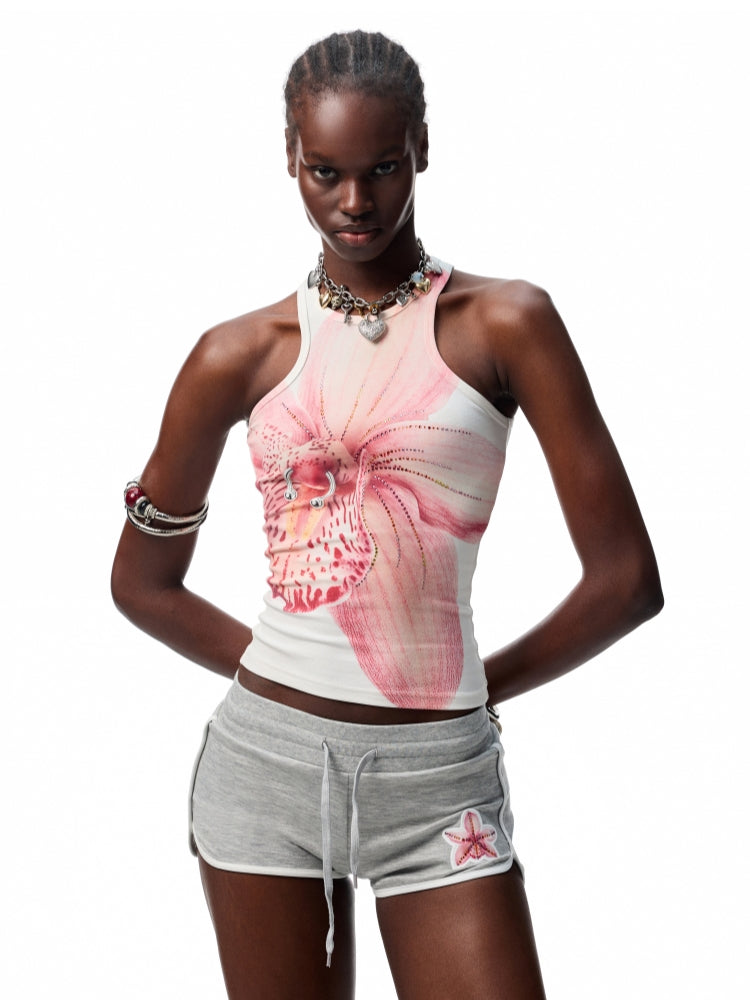 Flower Embroidered Rhinestone Sports Shorts