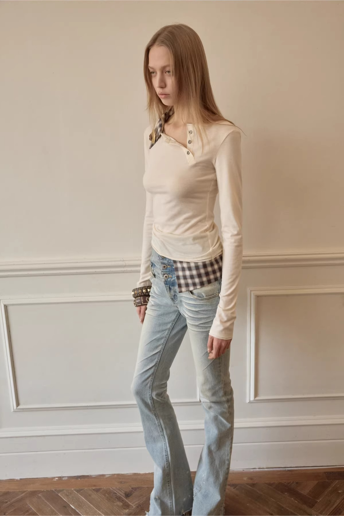 Layered Asymmetric Henley Long Sleeve Top