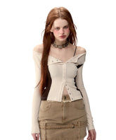 Oatmeal & Black Buttoned Blouse - CHINASQUAD
