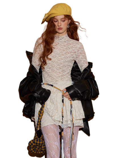 Ruffled Hem Floral Lace Mock Neck Blouse - CHINASQUAD