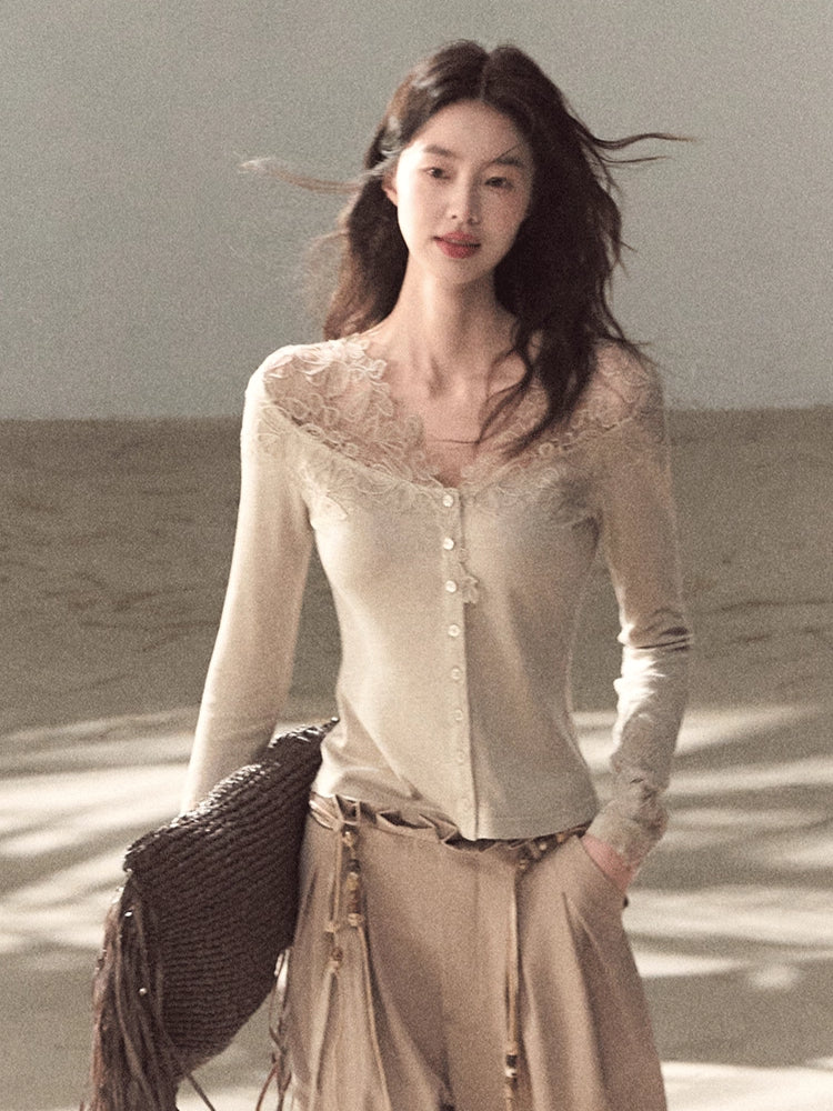 Sculpted Lace-Trim V-Neck Fitted Knit Cardigan