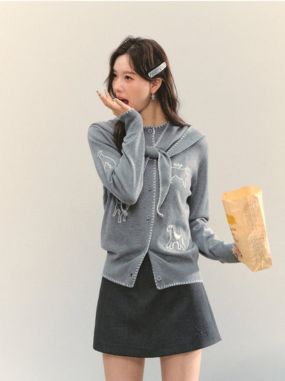 Puppy Embroidered Trim Hooded Knit Sweater - CHINASQUAD