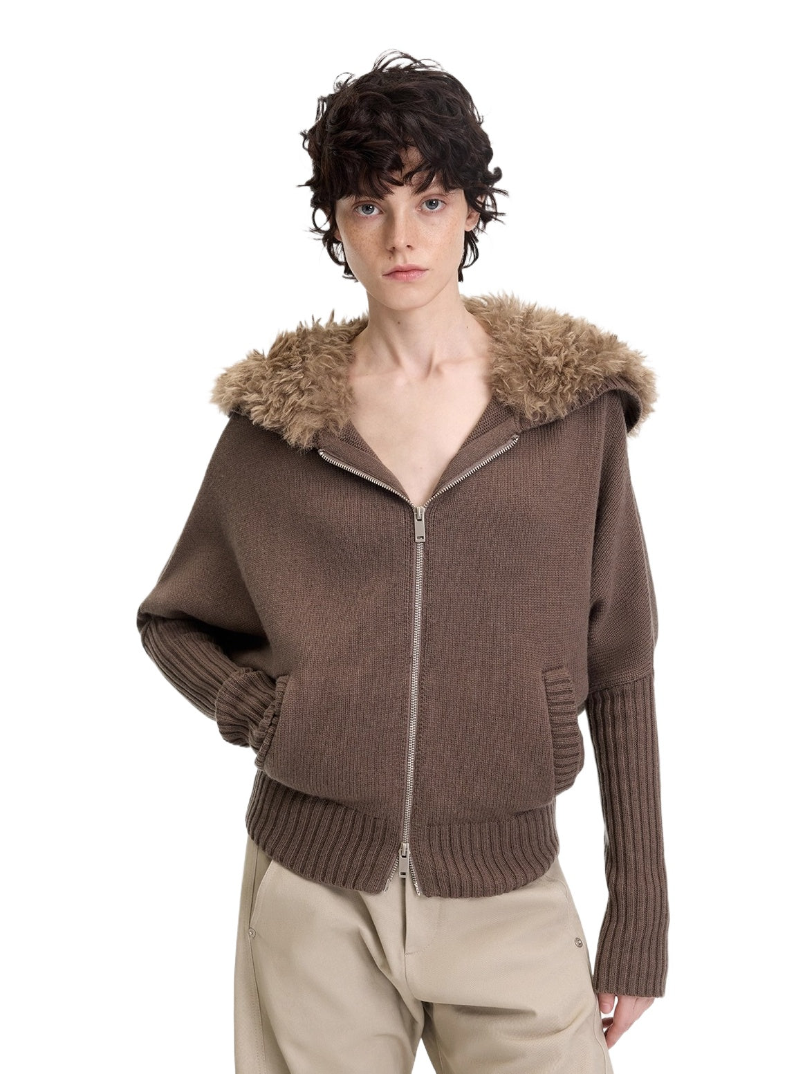 Wool-Blend Hooded Faux Fur Collar Knit Jacket
