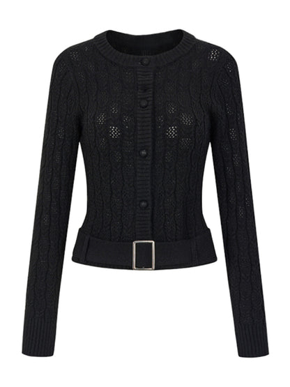 Belted Hollow Out Knit Sweater