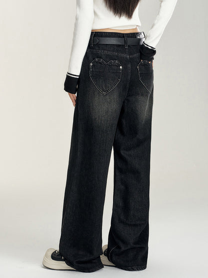 Heart-Patterned Fleece-Lined Wide-Leg Denim Pants