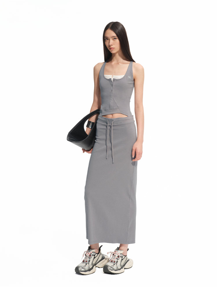 Contrast Color Fake Two-piece Waist Hollow Dress - CHINASQUAD