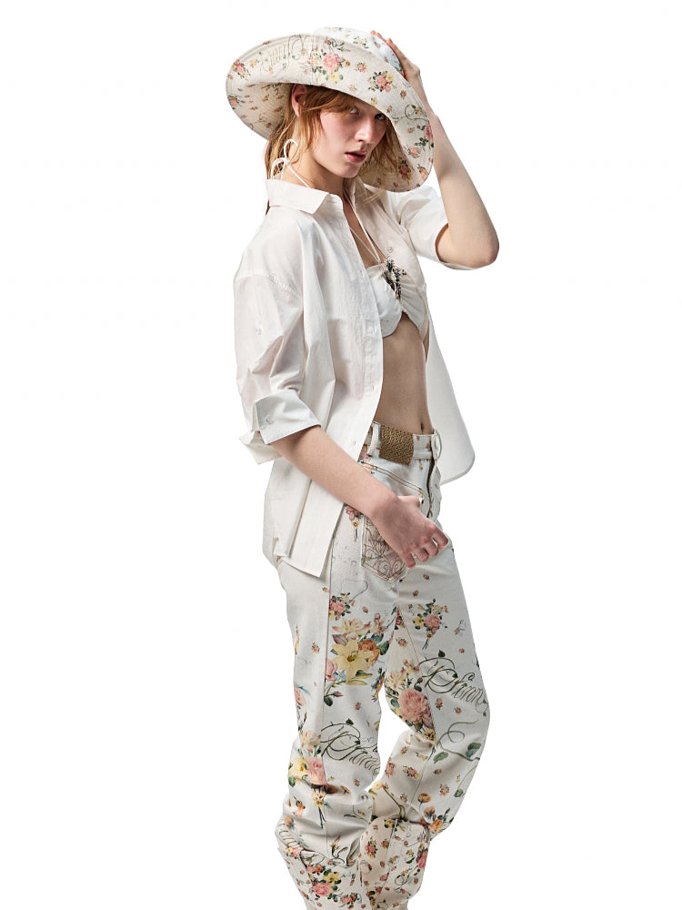 Floral Print Canvas Straight-leg Trousers
