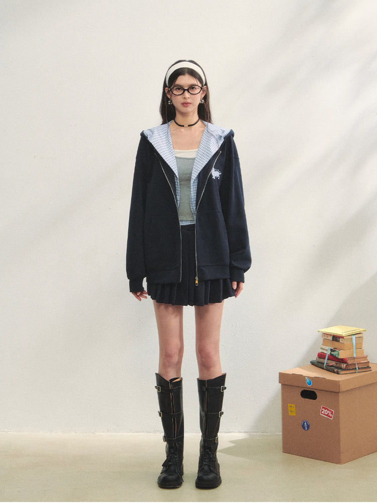 Detachable Checkered Ti-Up Hooded Coat