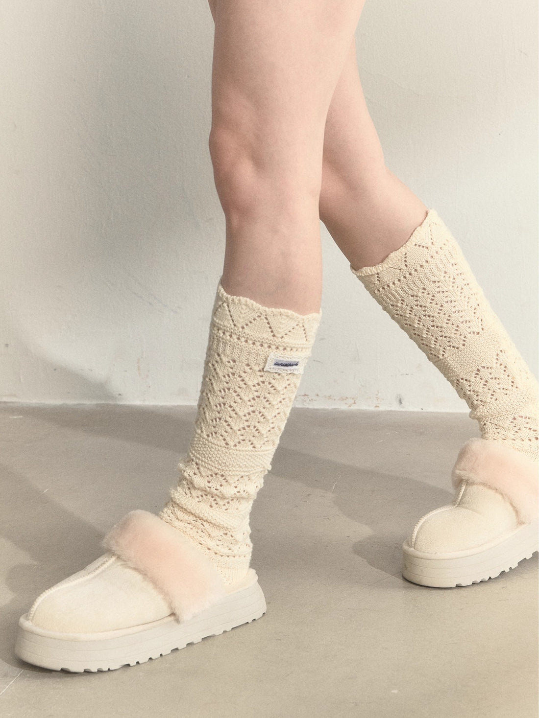 Wool-Blend Crochet Layered Knit Mid-Calf Socks