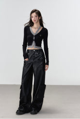 Black Rivet Straight Leather Pants - CHINASQUAD