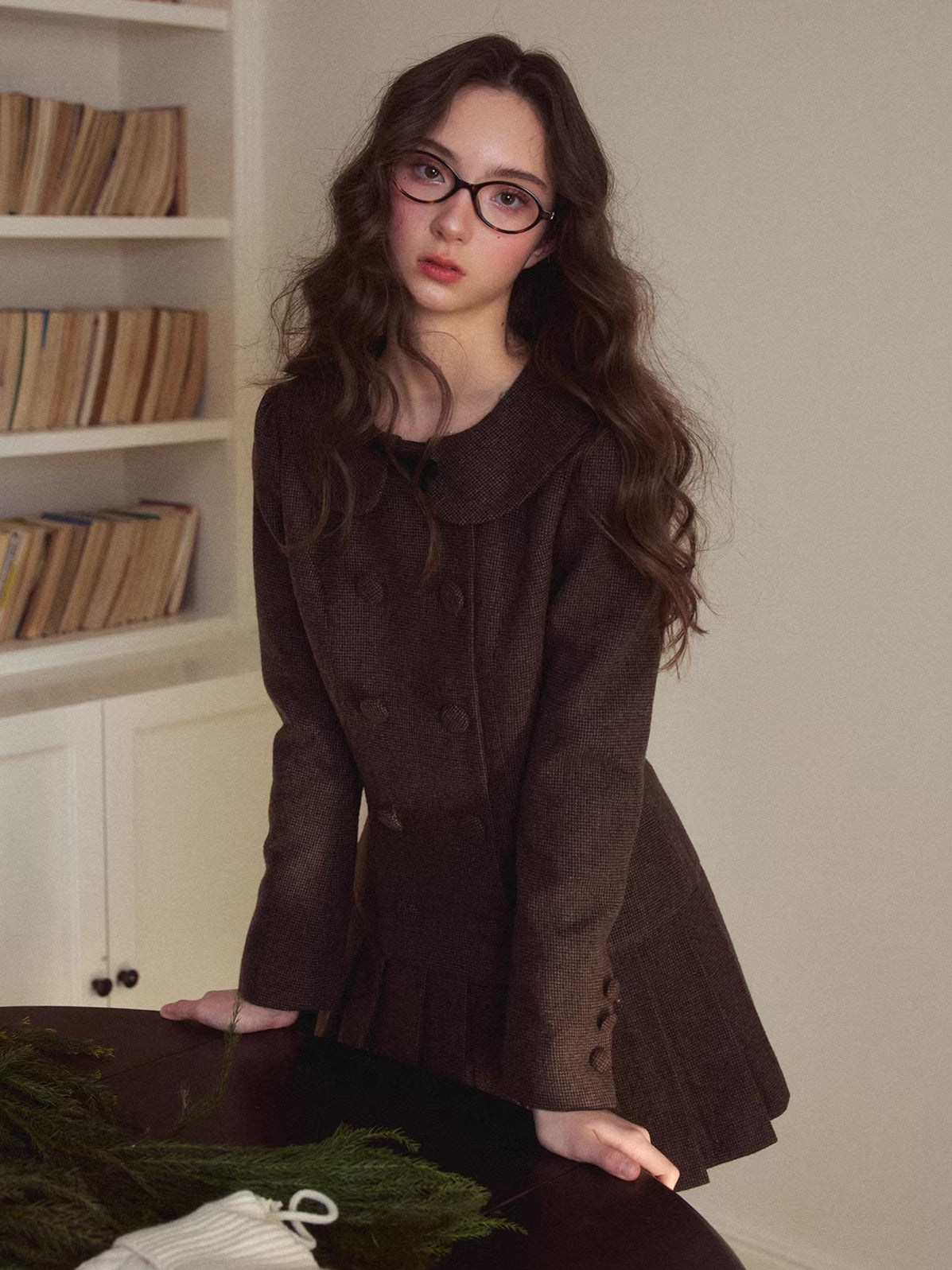 Vintage Preppy Doll-Collar Houndstooth Pleated Dress