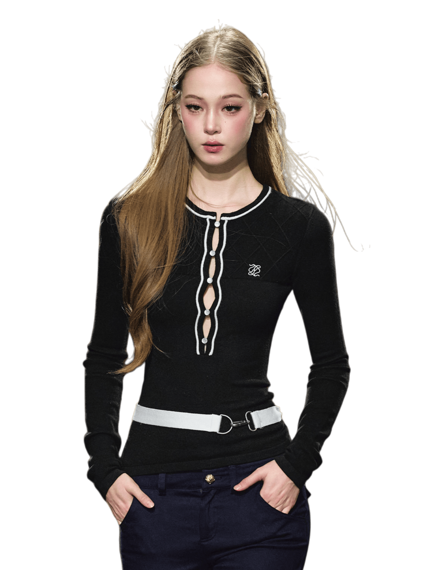 Contrast Trim Knit Belt Detail Fitted Crewneck