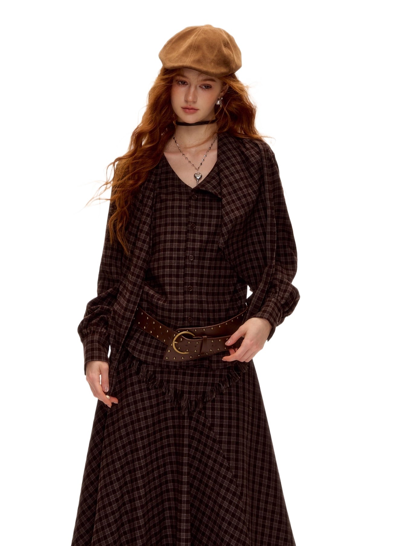 Vintage Plaid Beaded Tie-Scarf Shirt