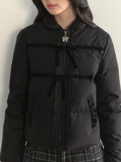 Velvet Bow Trim Down Jacket
