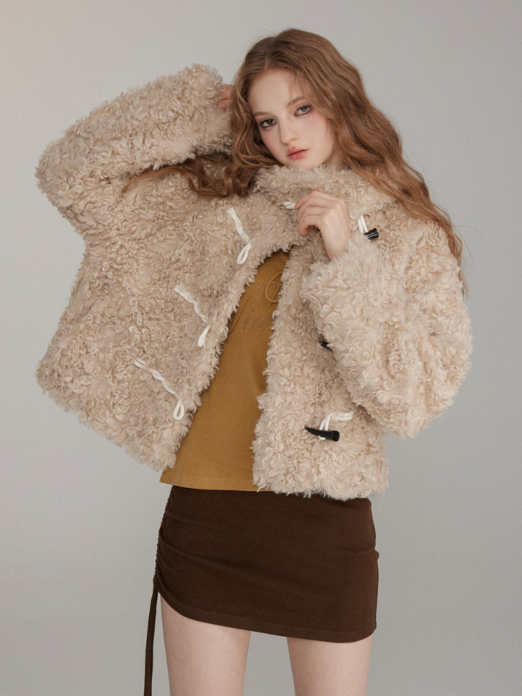 Horn Button Curly Fur Thick Short Jacket