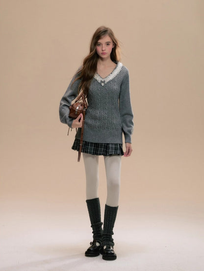 Gray Embroidered Wool Plaid Pleated Skirt