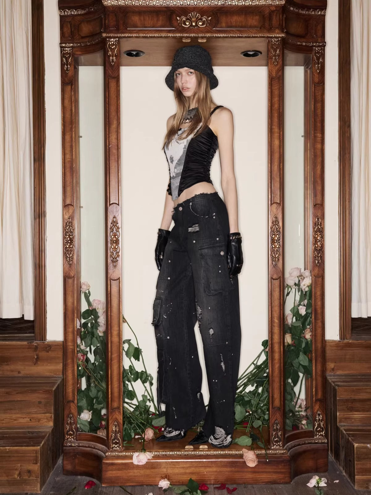 Vintage Multi-Pocket Washed Denim Cargo Pants