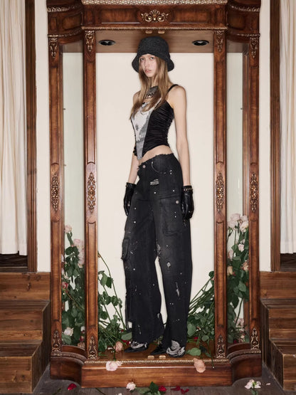 Vintage Multi-Pocket Washed Denim Cargo Pants