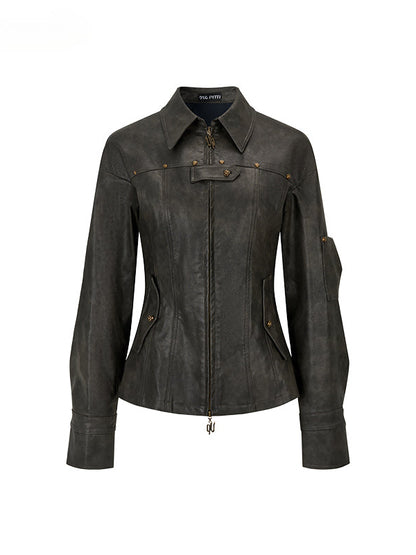 Dark Brown Studded PU Leather Jacket