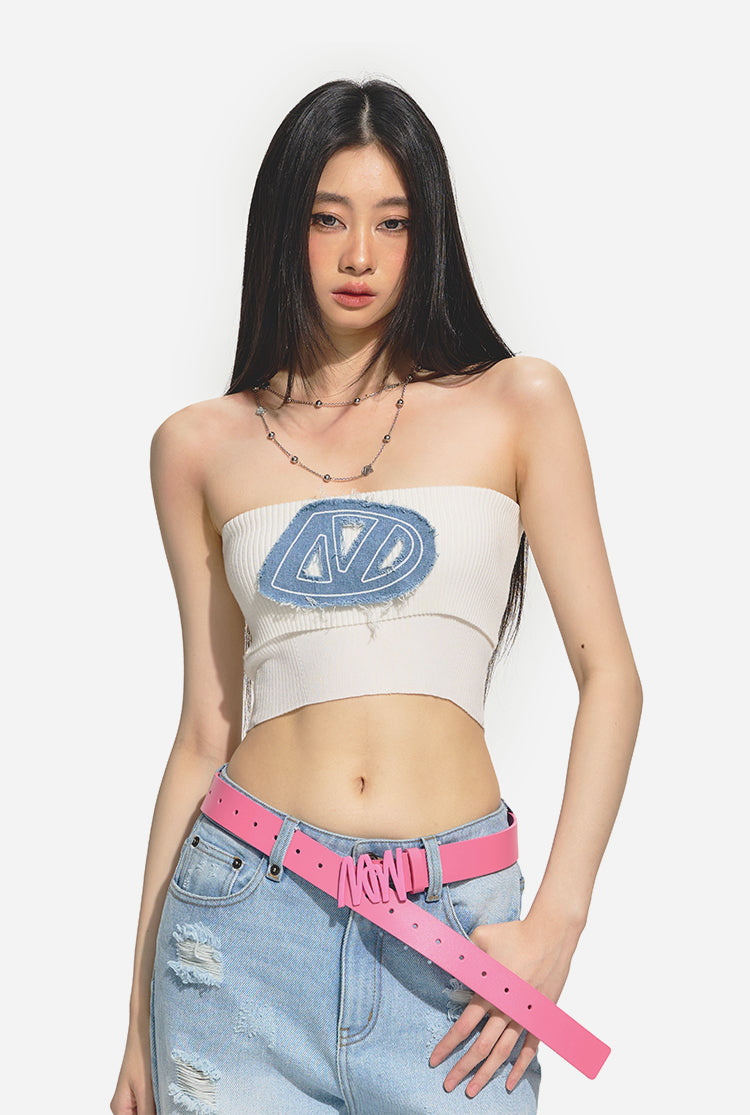 Knitted Denim Embroidered Bandeau Top - CHINASQUAD