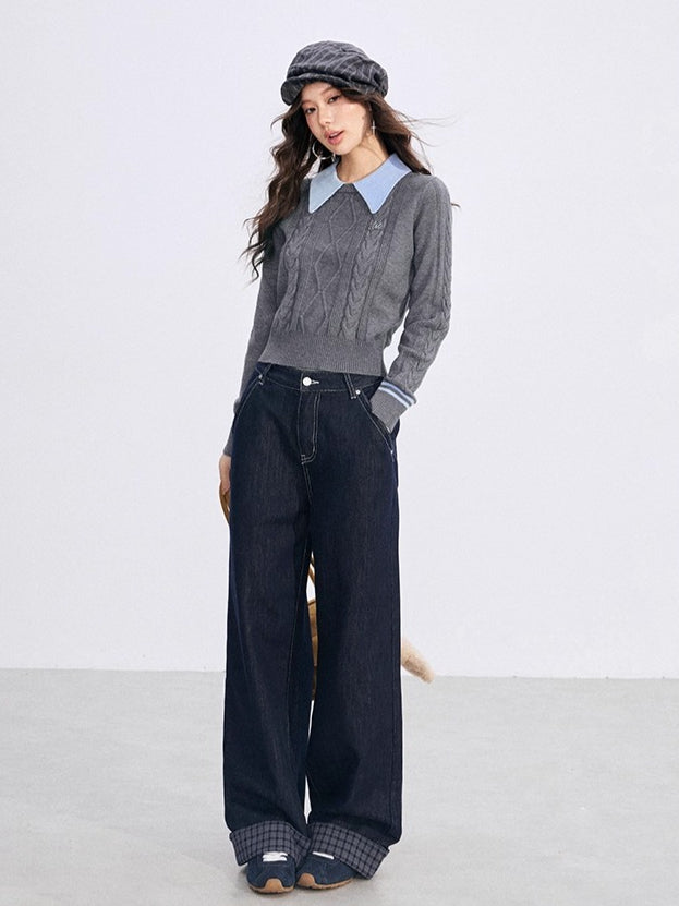 Contrast-Collar Cable-Knit Polo Sweater