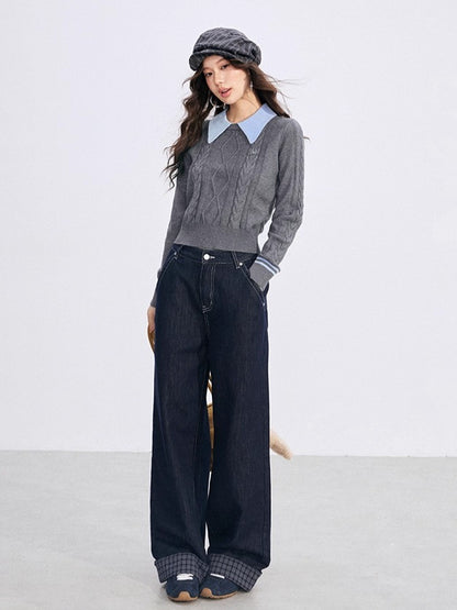 Contrast-Collar Cable-Knit Polo Sweater