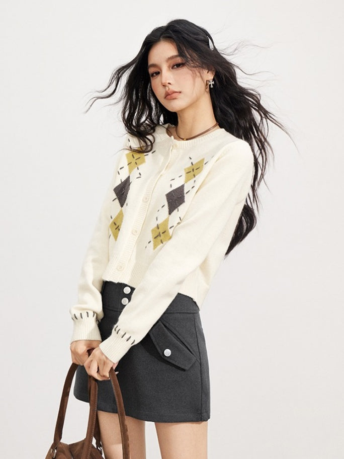 Hand-Stitched Argyle Knit Cardigan