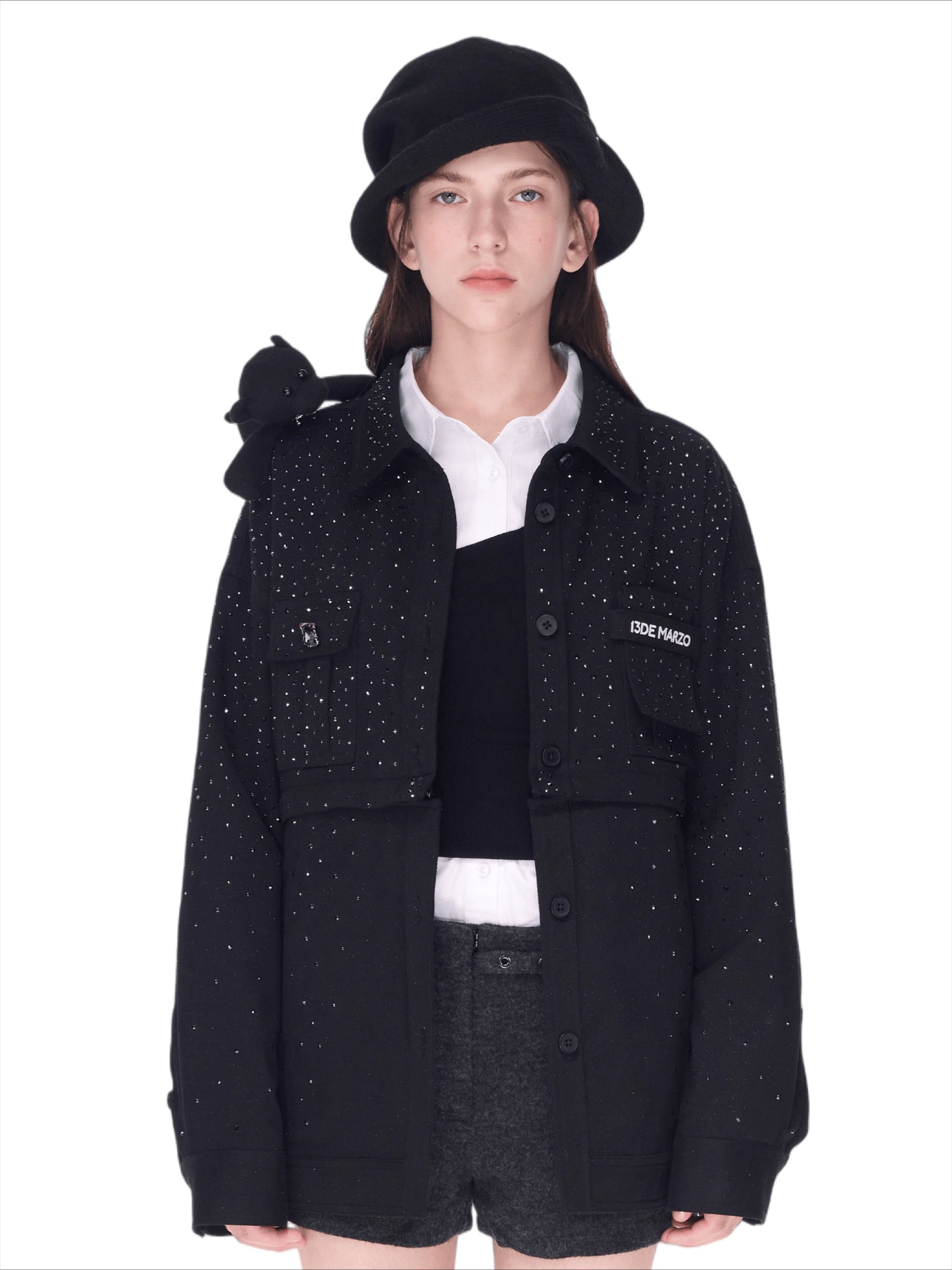 Crystal-Embellished Utility Shirt Jacket