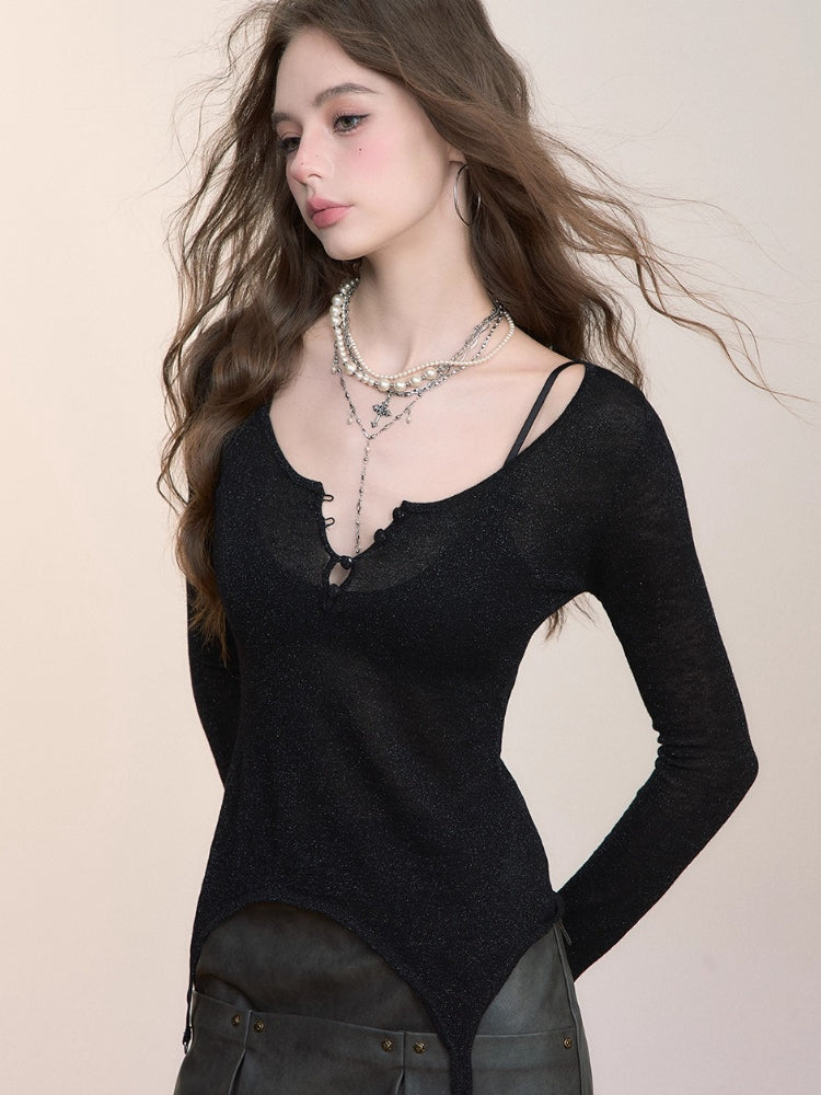 Irregular Knit Waist-Cinched Long-Sleeve Tee