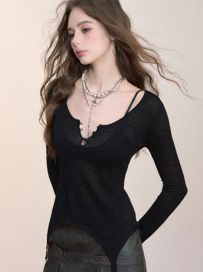 Irregular Knit Waist-Cinched Long-Sleeve Tee