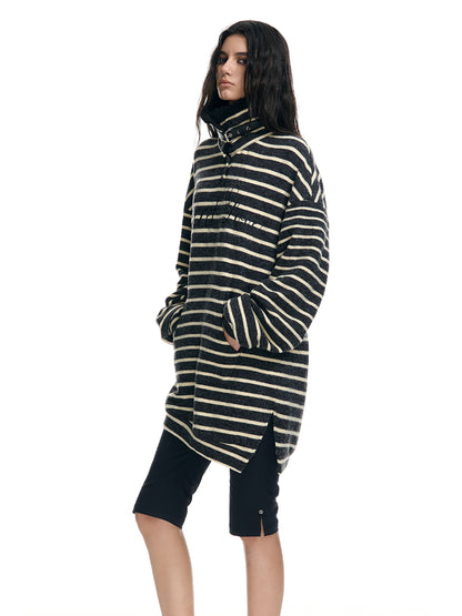 Striped Stand-Collar Fleece-Lined Loose Sweatshirt