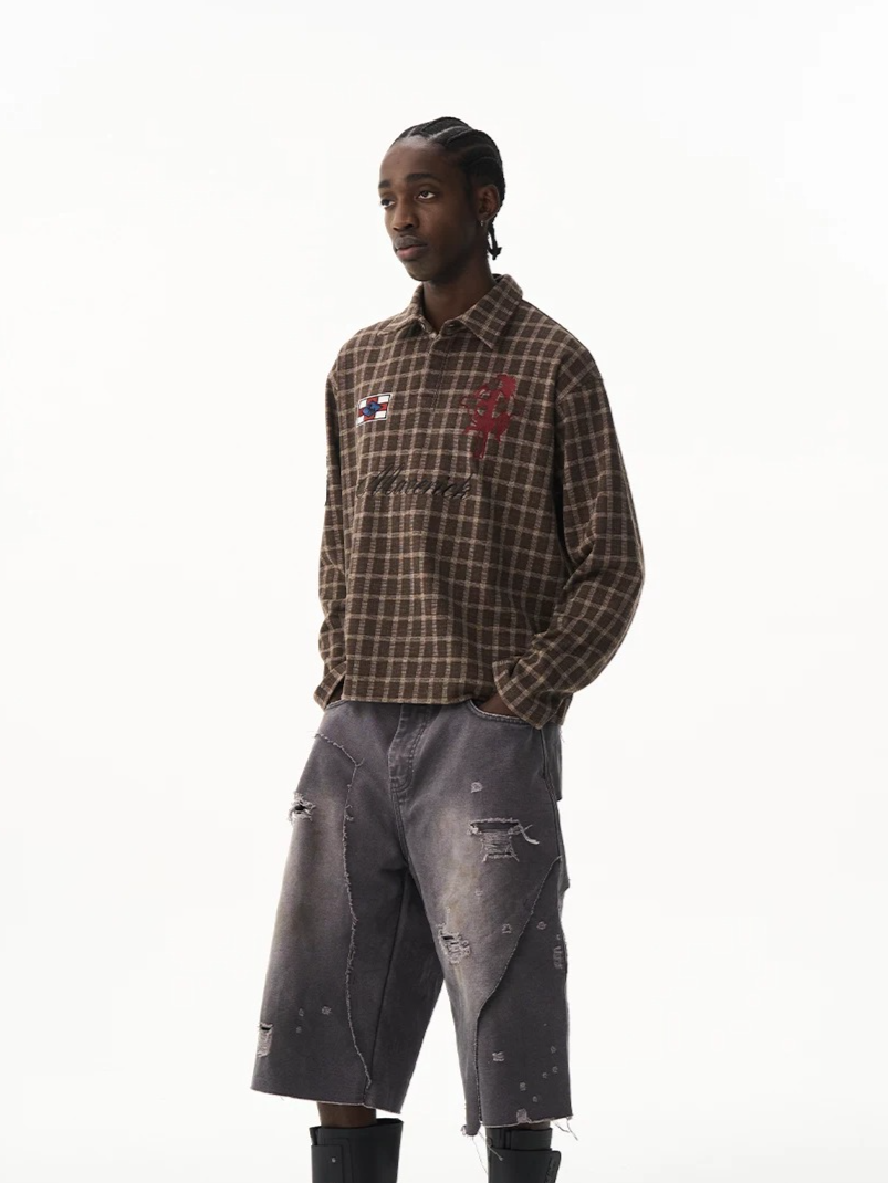 Vintage Plaid Badge Long Sleeve Polo Tee