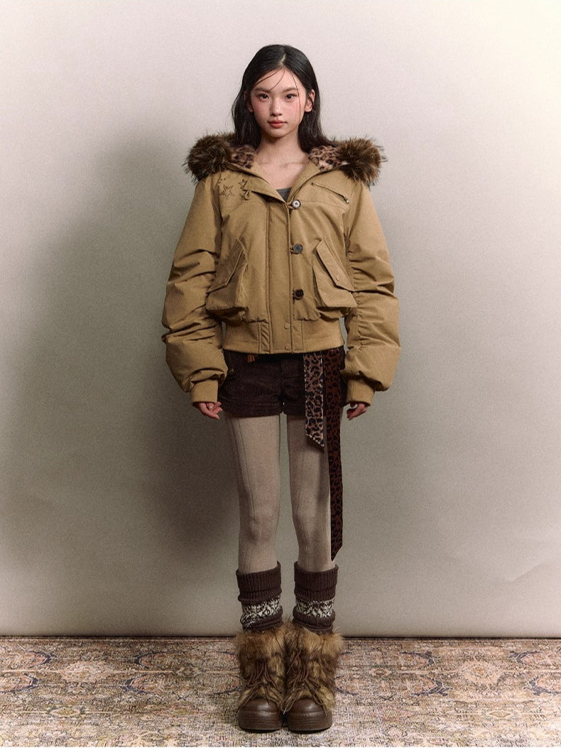 Studded Faux Fur Collar Bomber Down Jacket