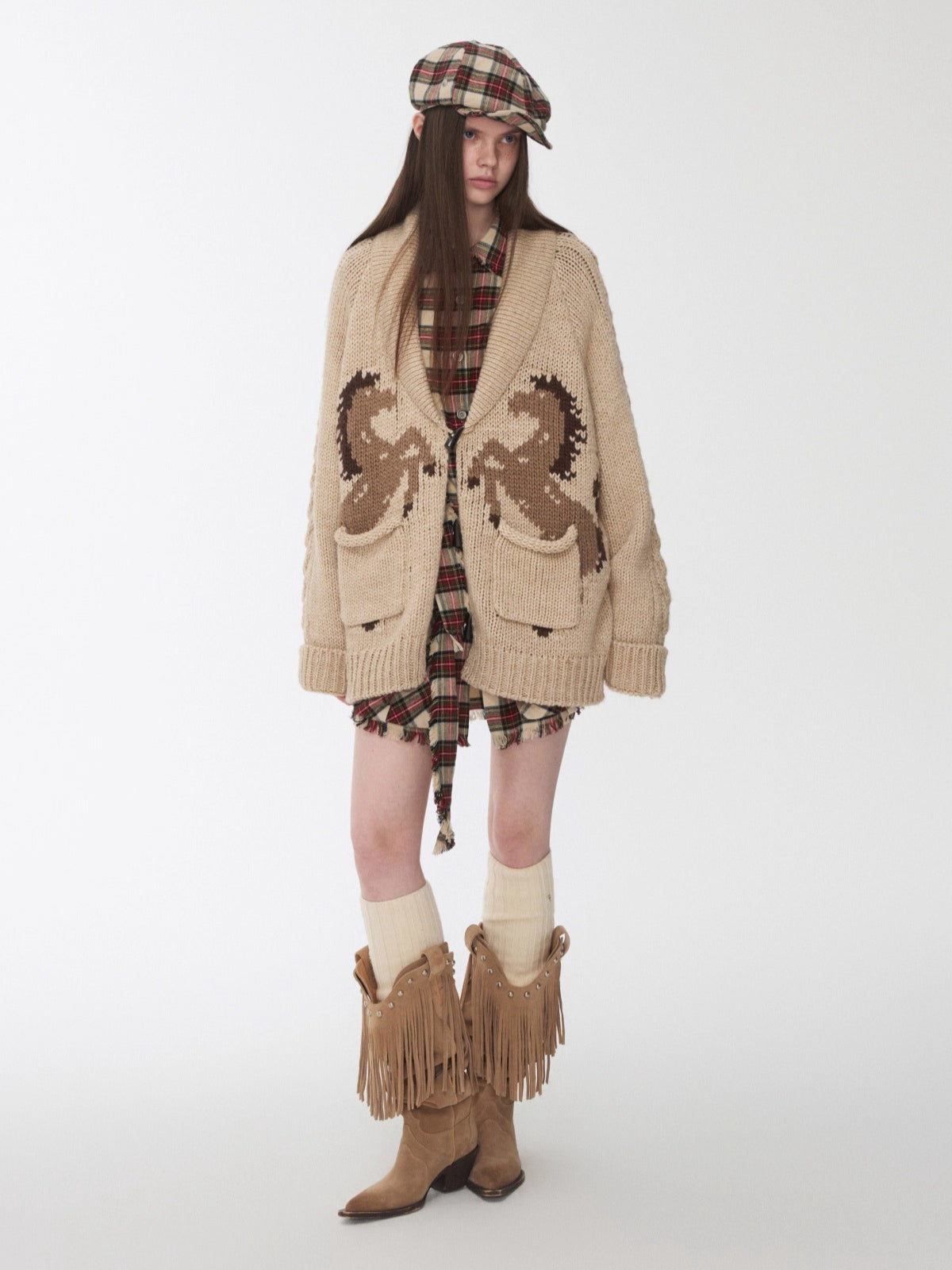 Pony Jacquard Horn-Button Chunky Cardigan