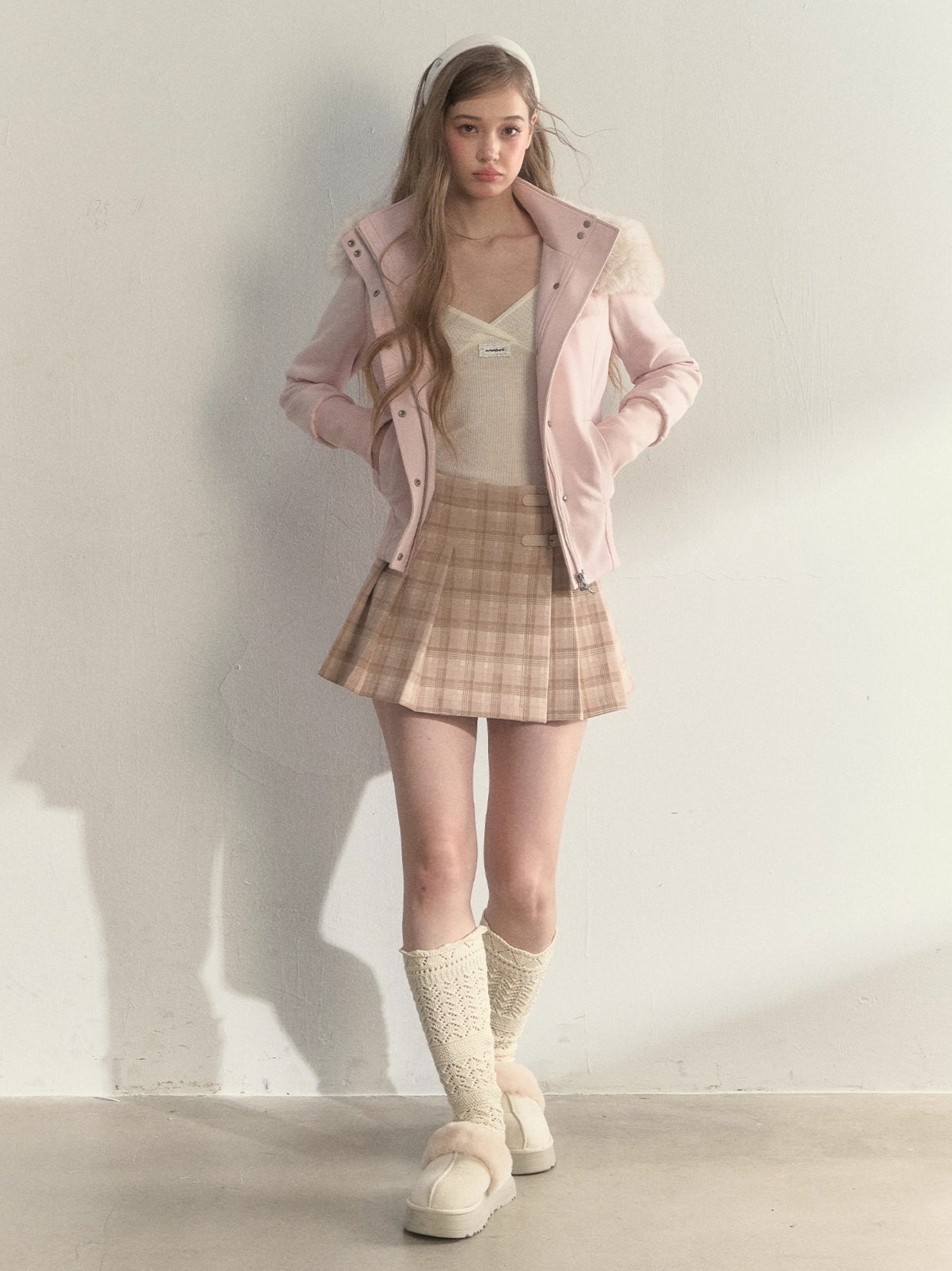 Vintage Plaid Wool Leather Buckle Pleated Skirt