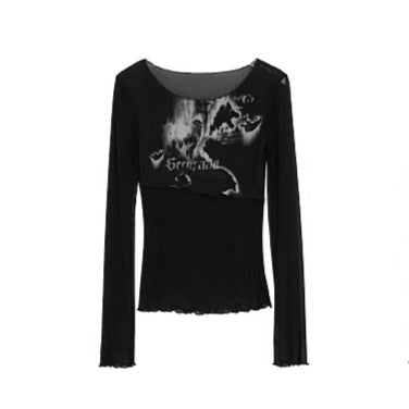 Street-Style Printed Mesh Long-Sleeve T-Shirt