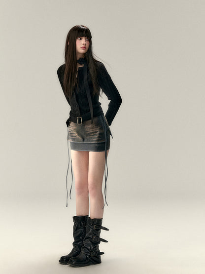 Belted Hollow Out Knit Sweater