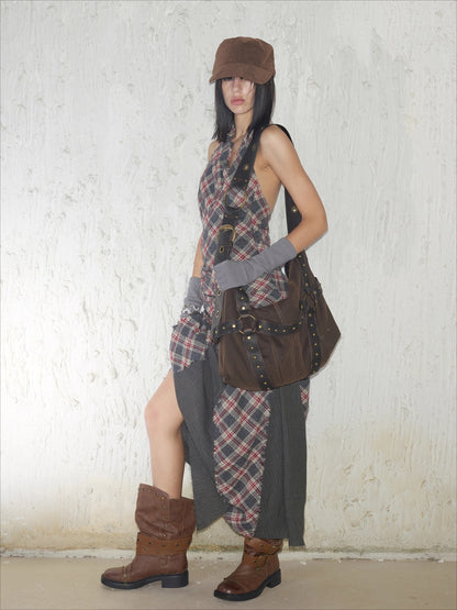 Vintage Studded Wide-Strap Crossbody Bag